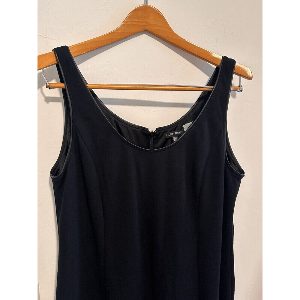 Eileen Fisher Midi Length Viscose Dress Leather Trim In Black - Picture 6 of 9
